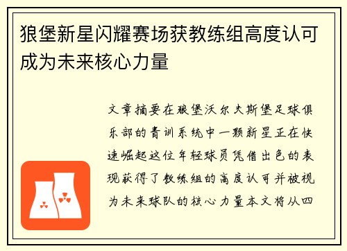 狼堡新星闪耀赛场获教练组高度认可成为未来核心力量